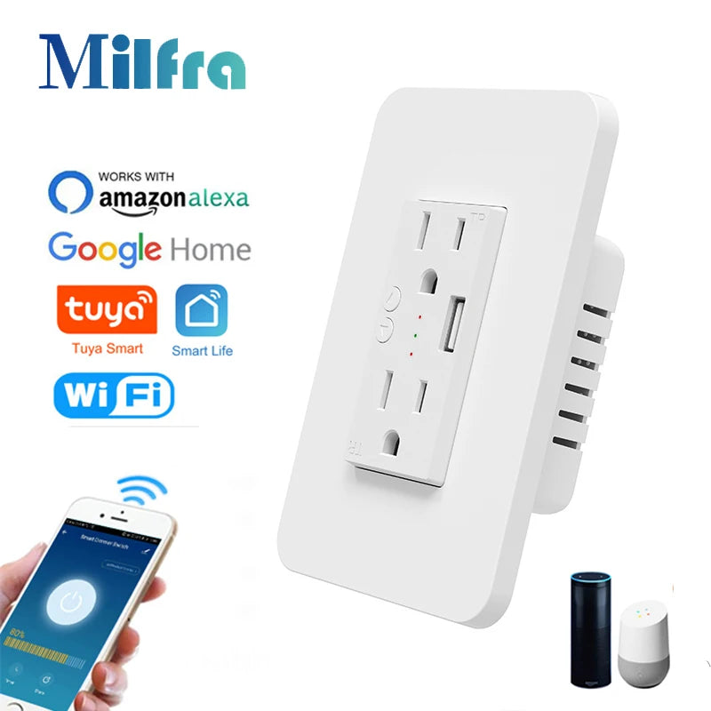 Milfra Wifi Smart Socket Double Wall US Plug Power Outlet with USB Charging Port ON/OFF Tuya Smart Life APP Voice Remote Control