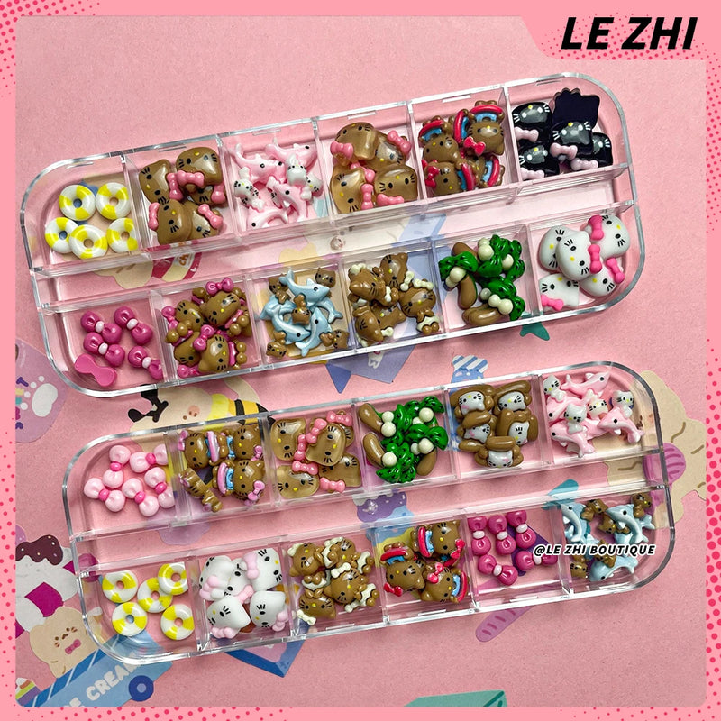 60PCS Cartoon Hawaii Black Skin Hello Kitty Nails Art Charms Accessories Personal DIY Resin Nail Accessories Nail Salon Supplies