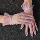 Retro Spring Summer Women Short Tulle Gloves White Black Wedding Gloves Stretchy Lace Full Finger Mittens Mesh Translucent Glove