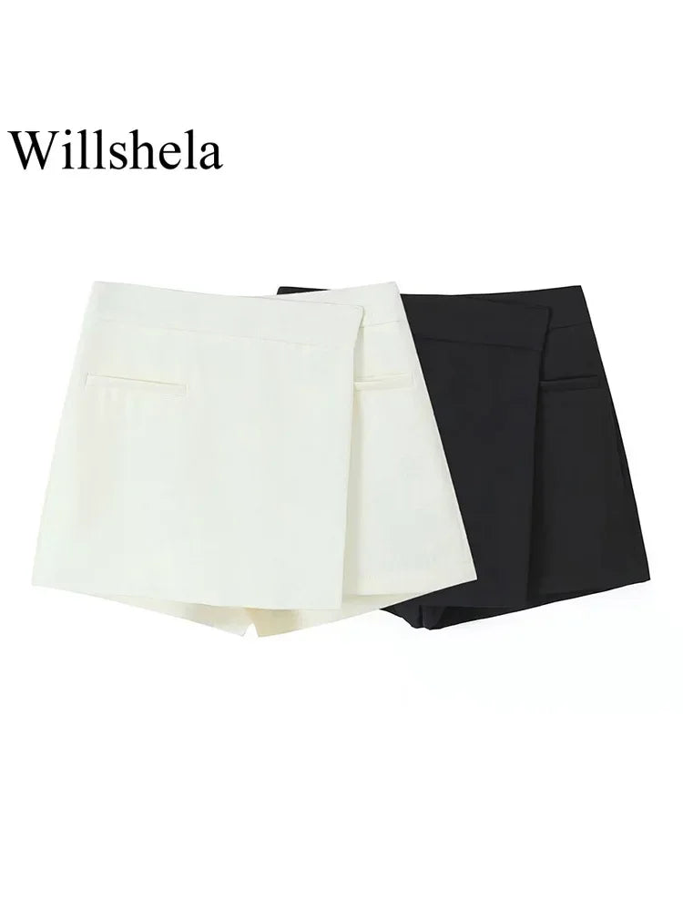 Willshela Women Fashion Solid Side Zipper Asymmetrical Mini Skirts Shorts Vintage High Waist Female Chic Lady Shorts
