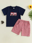 Boys Summer Outfit Set Short Sleeve Dinosaur Print T-shirt with Denim Shorts Toddler Clothing Set for Kids