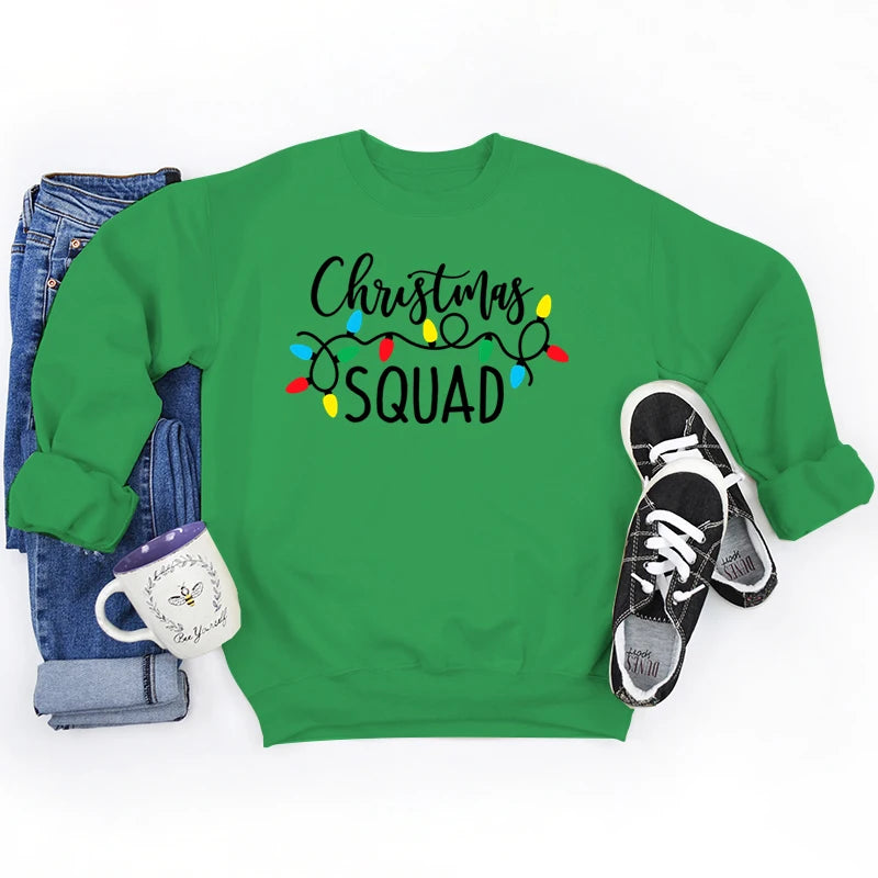 Christmas Lights Christmas Squad Print Crew Neck Sweatshirts Fashion Print Women Christmas Casual Sweatshirts Xmas Gifts