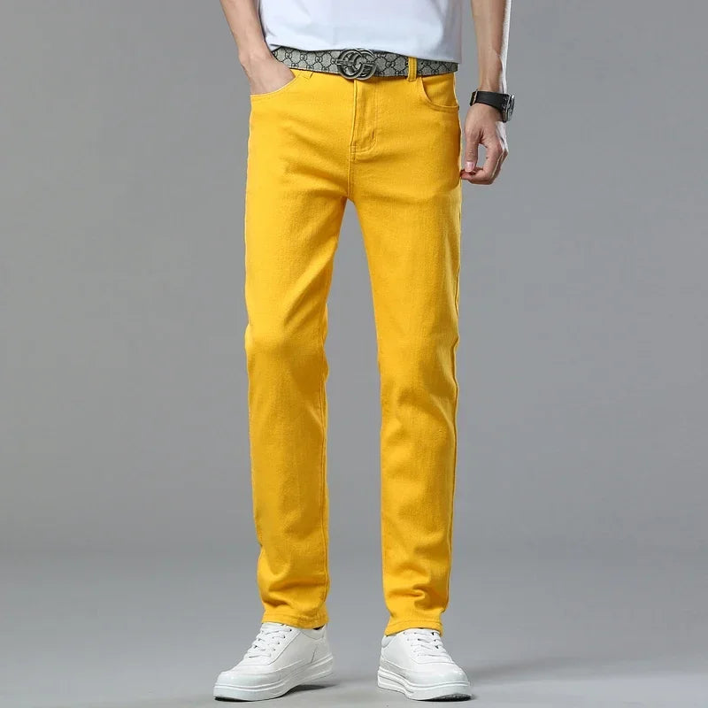 White Yellow Pink Red Fashion 5 Color Fashion Men's Stretch Jeans Slim Streetwear Korean Business Straight Casual Denim Trousers
