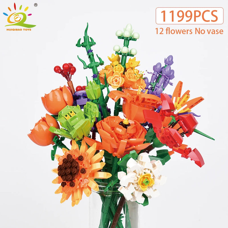 HUIQIBAO MOC Flower Model Building Blocks 3D Bouquet Plants Sunflower Rose Bricks Kits Children DIY Educational Toys Home Decor
