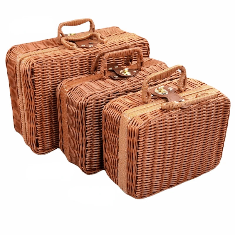 Retro PP Rattan Baskets Picnic Storage Basket Wicker Suitcase with Hand Gift Box Woven Cosmetic Storage Box Organization Storage