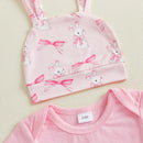 Adorable Baby Girls Easter Bunny Outfit Set with Romper Pants and Hat - Short Sleeve with Bow Pattern - 3 Pieces