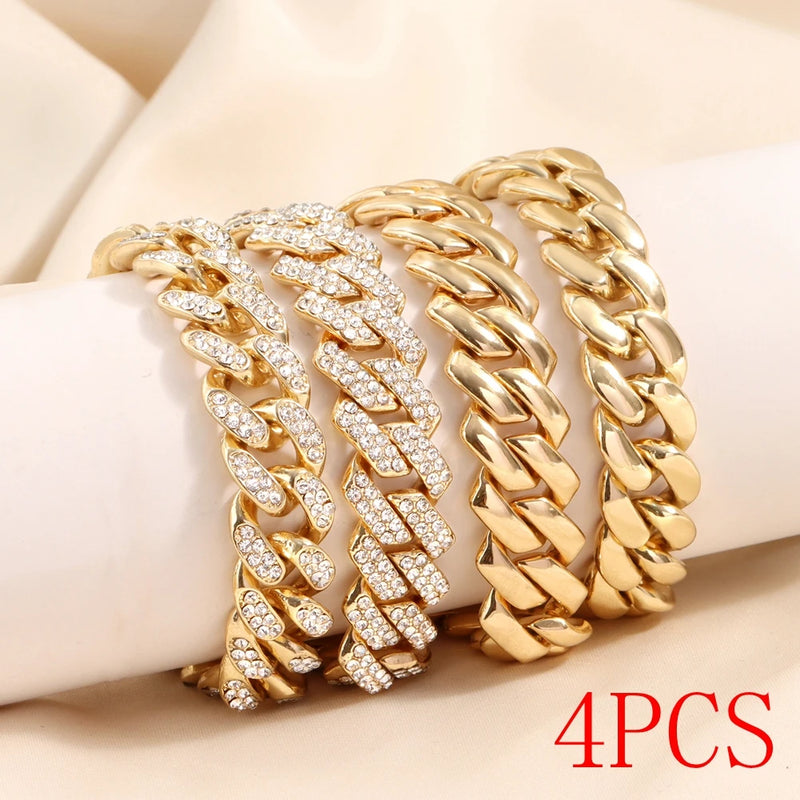 4Pcs Cuban Chain Bracelet for Women Men HipHop Bling Iced Out Chain Full Rhinestone Paved Chunky Metal Bracelet Set Jewelry Gift