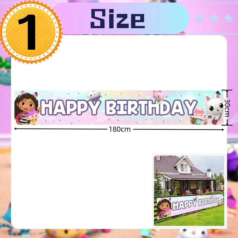 New Gabby Dollhouse Cats Birthday Party Decoration Balloon Pink Cartoon Tableware Backdrop Baby Shower Kids Girls Party Supplies