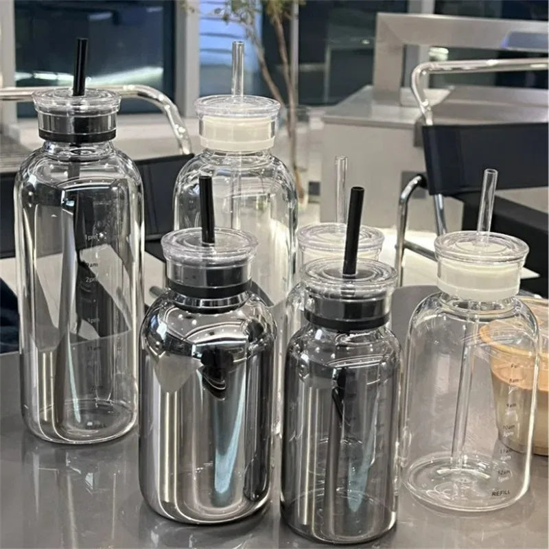 750/350ml Glass Transparent Water Bottles with Lid Straw Time Scale Milk Juice Drink Bottle Travel Coffee Mug Milk Tea Cup