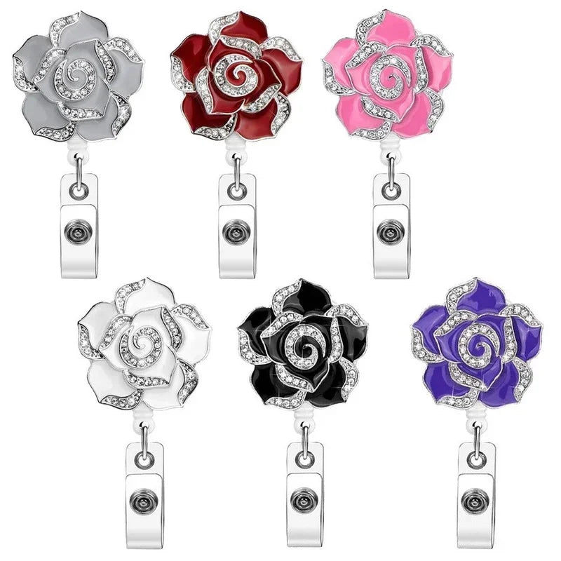 Rose Flower Diamond Badge Reel ID Holders Tag Clip Name Badges Work Pass Card Reels Retractable Lanyard Chest Tag Clip Reel