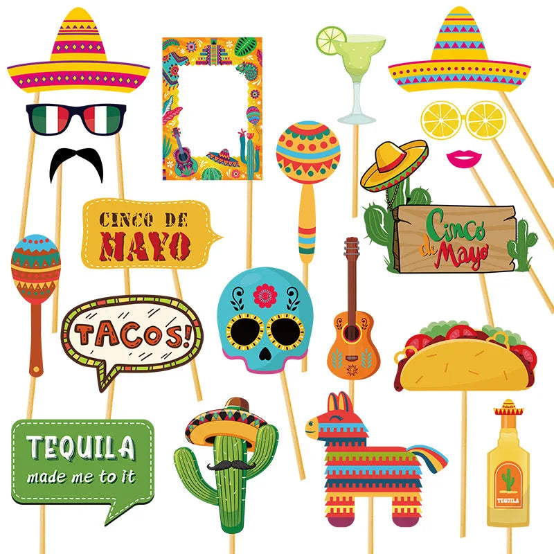 20Pcs Fiesta Mexican Party Cinco De Mayo Photo Booth Props for Mexican Cactus Taco Theme Party Decoration Birthday Party Supply