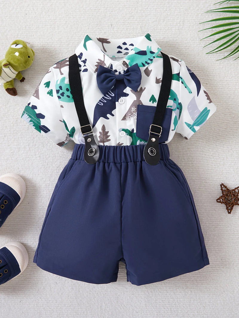 2-piece gentleman cute dinosaur print bow pocket shirt+strap shorts party dress set