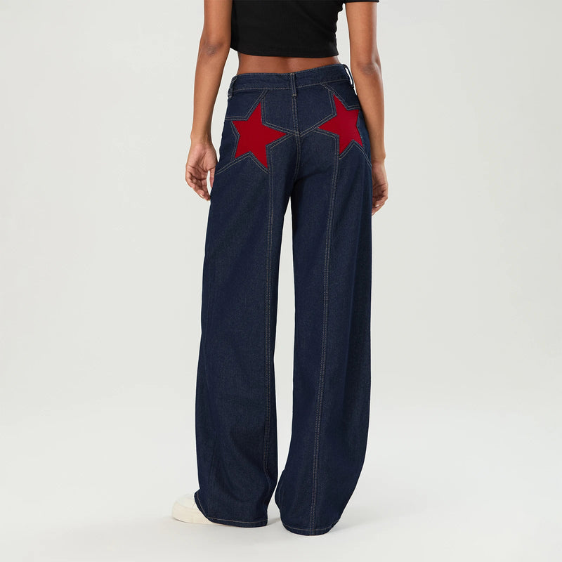 Women Fashion Jeans Star Pattern Loose Denim Pants Spring Fall Casual Low Waist Trousers Wide Leg Pants