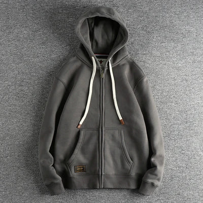 Autumn Winter American Retro Heavyweight Long Sleeved Hooded Hoodies Men's Simple Thickened Velvet Casual Cardigan Sweatshirts