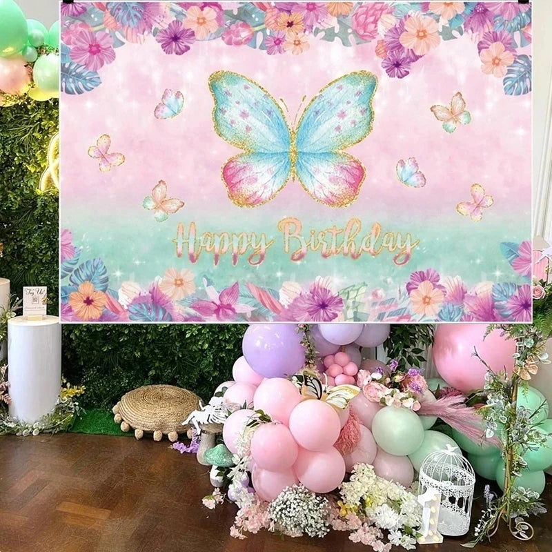 Pink Butterfly Birthday Party Backdrops Wedding Decorations Photo Booth Background Baby Shower Girl Hanging Flag Backdrop Props