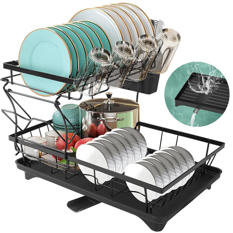 Dish Drying Rack 2-Tier Compact Kitchen Dish Rack Dish Drainer with Chopstick Cylinder Kitchen Drainer rack with spout