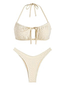 ZAFUL Women's Lace Overlay Halter Tied Cheeky High Leg Brazilian Two Piece Swimwear Bikini Set