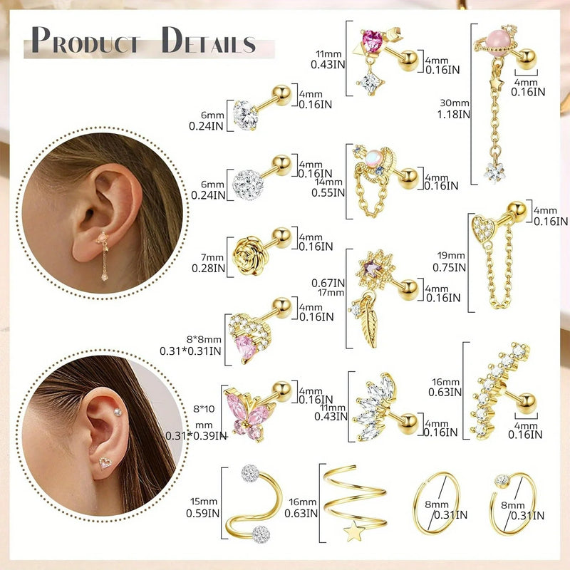 Drperfect Cartilage Earring Stainless Steel Stud Earrings for Women Men Flower Heart Leaf Hypoallergenic Screw Back Earrings