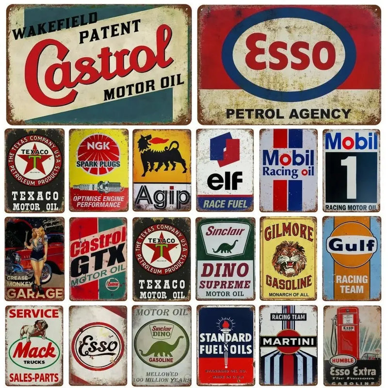 Vintage Motorcycle Oil Gasoline Metal Tin Signs Gulf Esso Agip Man Cave Club Plate Motor Garage Wall Stickers Gas Decor Plaque