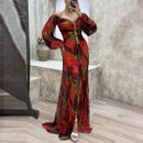 Printing Ladies Long Dress Gathering Pleated Long Sleeved Maix Dresses For Womens Wedding Guest High Slit Cocktail Party Dress