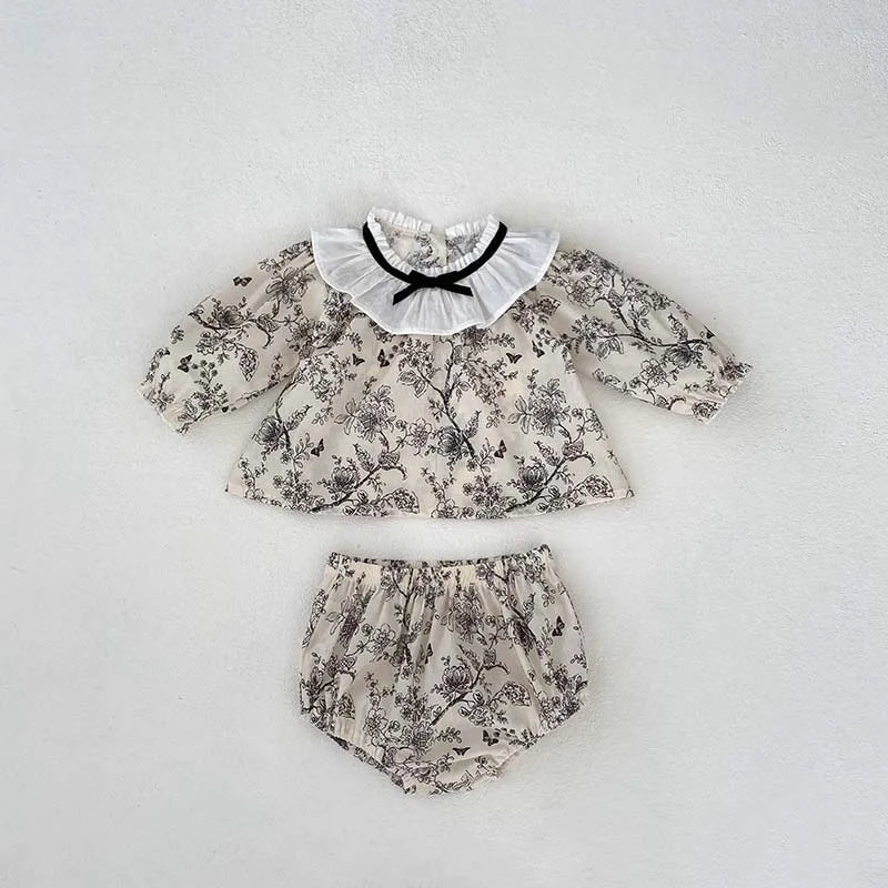 2PCS Summer Floral Baby Girl Suit New Autumn Fashion Lace Bow Baby Girls' Set Peter Pan Collar Shirt and Shorts Princess Outfits