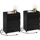 Bedside Table Set of 2, Nightstand with Charging Station, 3-Drawer Bedside Cupboard Storage Cabinet with 2 USB Ports &