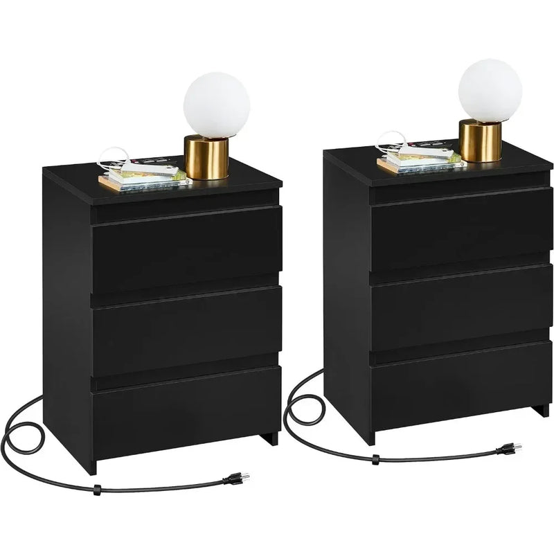 Bedside Table Set of 2, Nightstand with Charging Station, 3-Drawer Bedside Cupboard Storage Cabinet with 2 USB Ports &