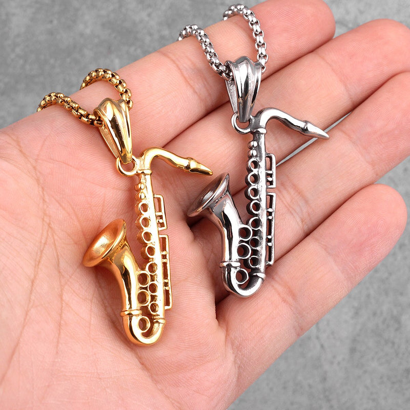 Saxophone Long Men Necklaces Pendant Chain Punk Cool Punk for Boyfriend Male Stainless Steel Jewelry Creativity Gift Wholesale