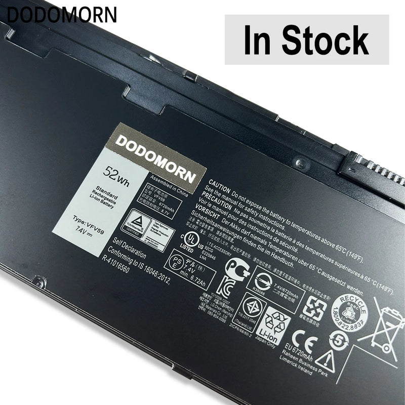 New 7.4V WD52H VFV59 Laptop Battery For DELL Latitude E7240 E7250 Series GVD76 W57CV 0W57CV 52WH 6720mAh