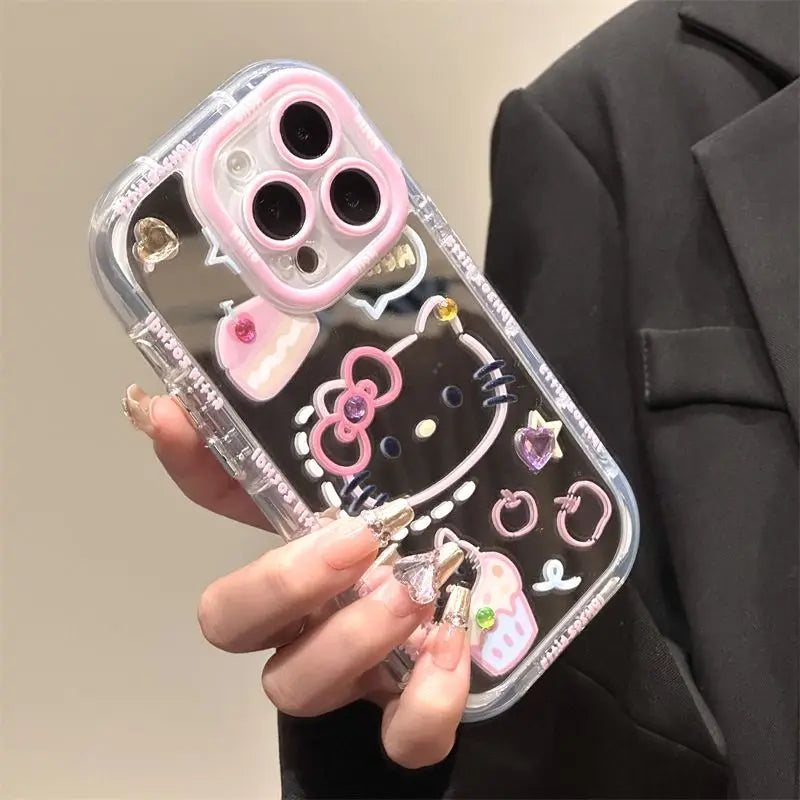 Kawaii Sanrio Hello Kitty Melody Makeup Mirror Phone Case For iPhone 14 13 12 11 15 Pro Max Lovely Hard Shockproof Back Cover