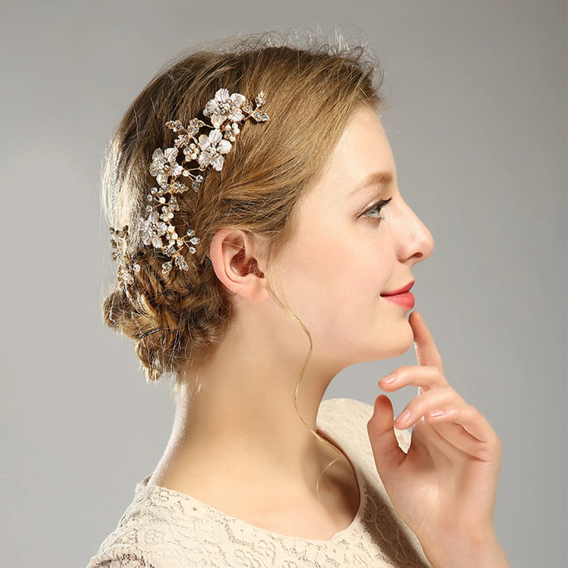 Bride Hair Pin Handmade Alloy Pearl Beads Barrette Women Crystal Rhinestone Hair Combs Tiara Jewelry Wedding Hair Accessories