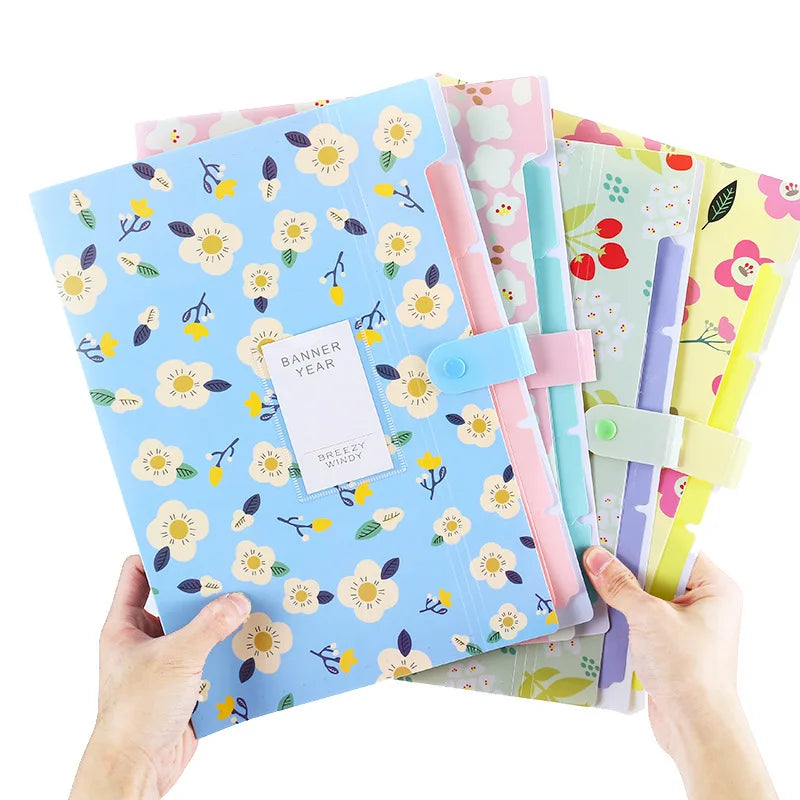 Kawai Floral File Folder 6 Layers Document Bag Cute File Organizer Bill Folder Storage Pouch Korean Stationery Office Supplies