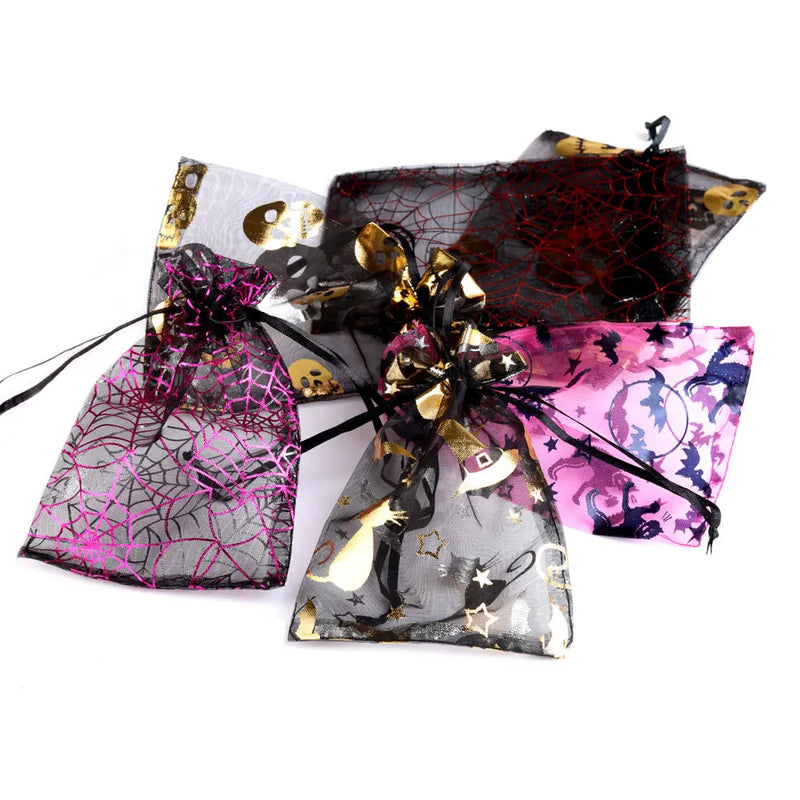 25/50pcs 10x15cm Halloween Organza Gift Bag Drawstring Spider Web Multi Color Printing Packaging Gift High Quality Candy Bag