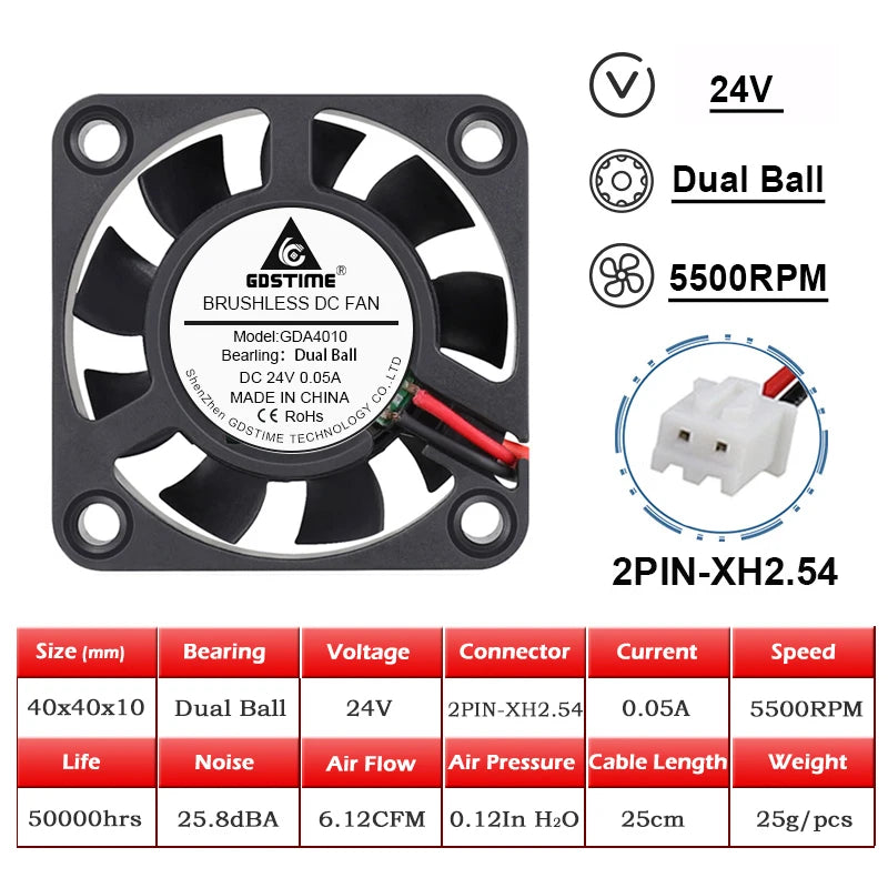 2PCS GDSTIME 40MM Cooler DC 5V 12V 24V 40x40x10mm Dual Ball Mini Cooling Fan 4010 Axial Fan 40MM for 3D Printer,DVR,NAS Cooling