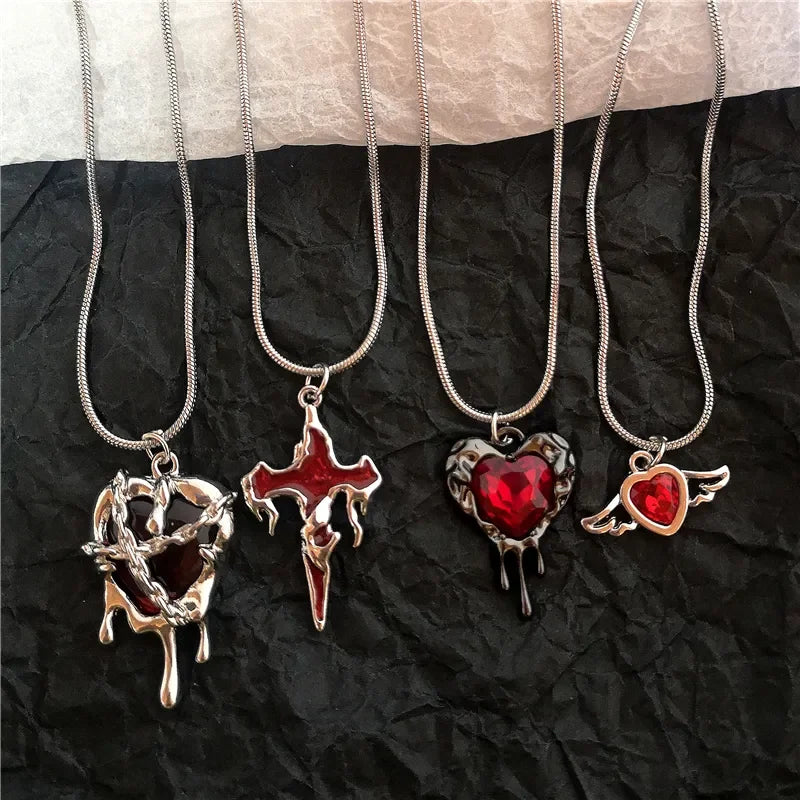 Vintage Y2k Red Love Heart Cross Pendant Snake Chain Necklace For Women Men Halloween Aesthetic Gothic Rave Jewelry Accessories