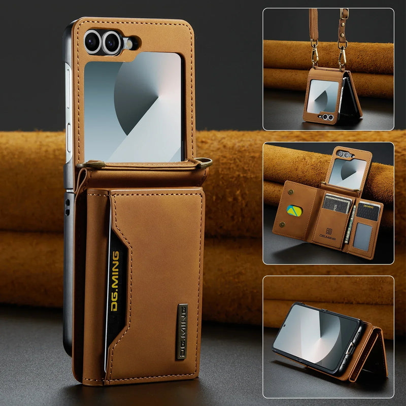 Crossbody Leather Cover Wallet Phone Case For Samsung Galaxy Z Flip 6 5 4 3 Flip5 Flip6 Cards Slot Purse Triple Fold Bag Shell