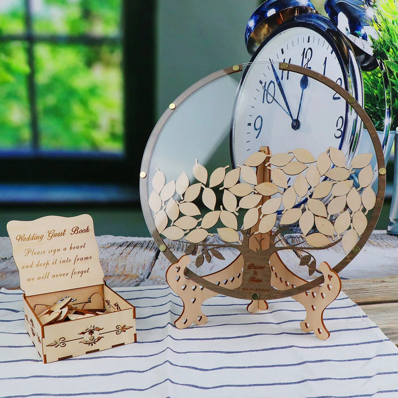 Personalized Drop Round Wedding Guest Book Tree with Box and 80Pcs Leafs，Tree with Leaves Wedding Guest Book Alternative