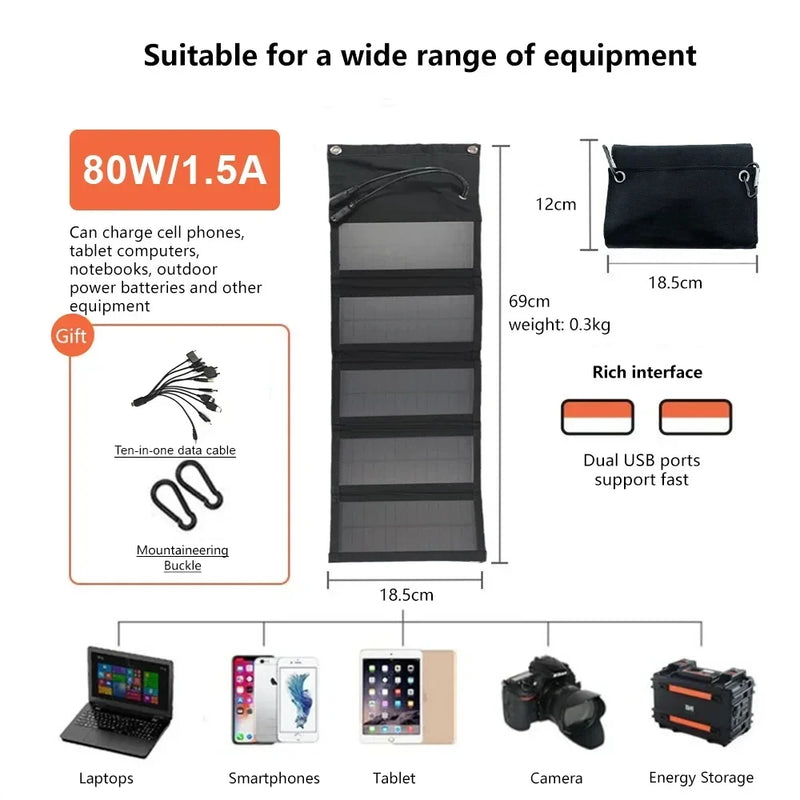 Solar Cell 80W Photovoltaic Panels 2USB Charger System Battery V 5V Portable Flexible Foldable Energy Power Sunpower Camping Set