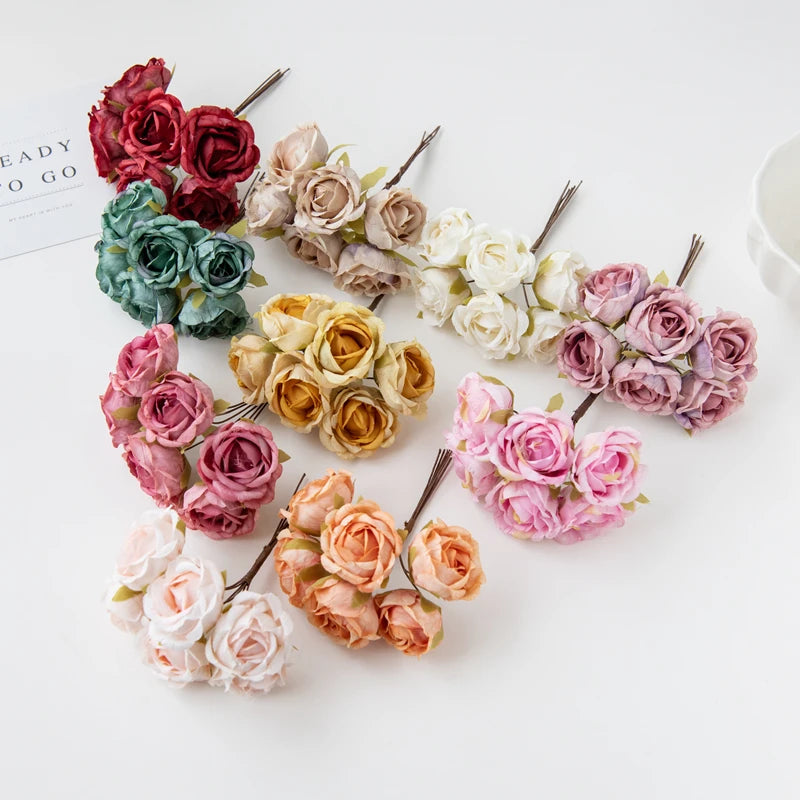 12PC Artificial Flowers Silk Tea Rose Wedding Bouquet Decorative Wreath Christmas Decoration for Home Diy Gifts Box Bride Brooch