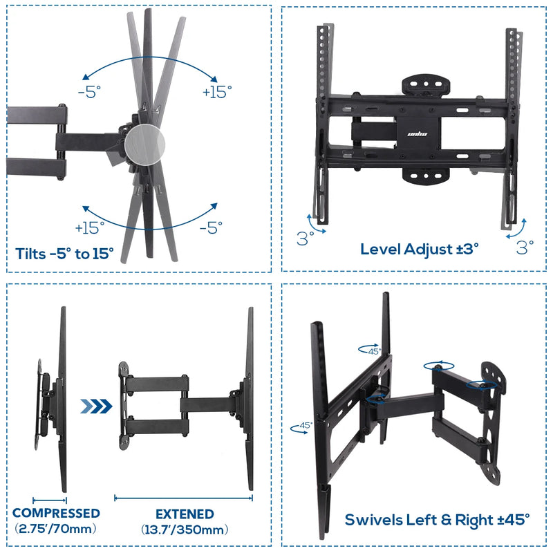 Long Arm TV Wall Mount Bracket Corner Full Motion Tilt Swivel for 26-55 Inch LCD LED 4K Flat TV Large Capacity 66 LBS