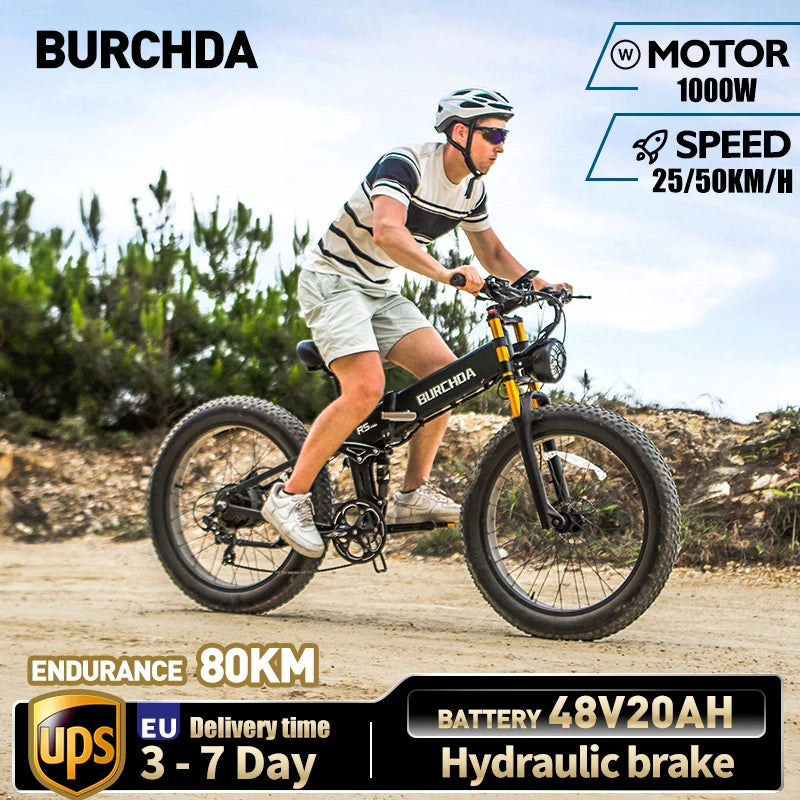 BURCHDA R5PRO 1000W50KM/H 26 Inch Foldable Mountain Electric Bicycle 48V20AH Lithium Fatbike Electric Bike For Adults Motorcycle