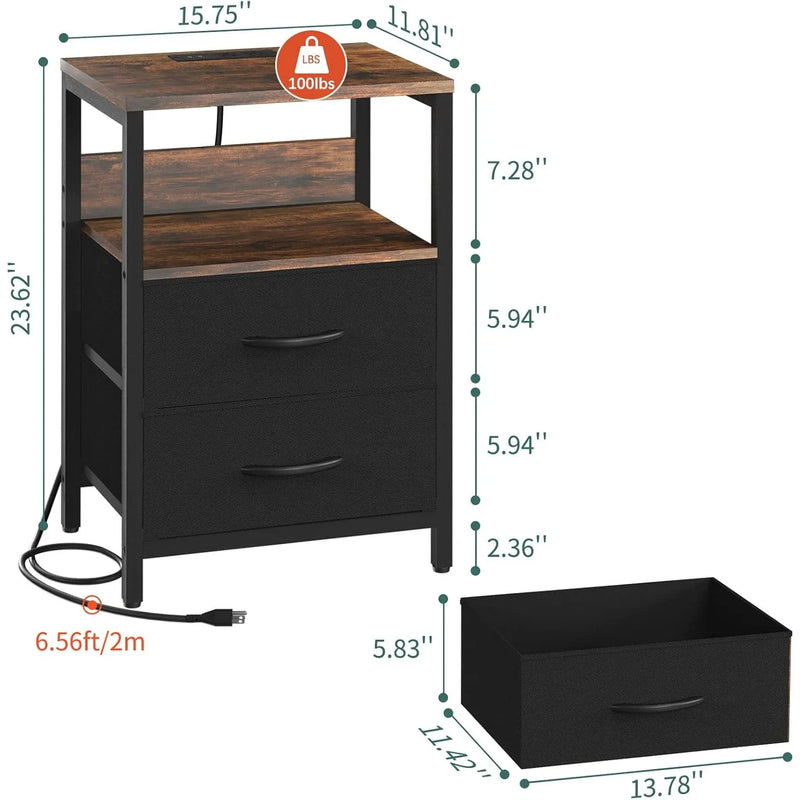 Nightstand with Charging Station, Small Night Stand with Fabric Drawers and Storage Shelf for Bedrooms, Nightstands