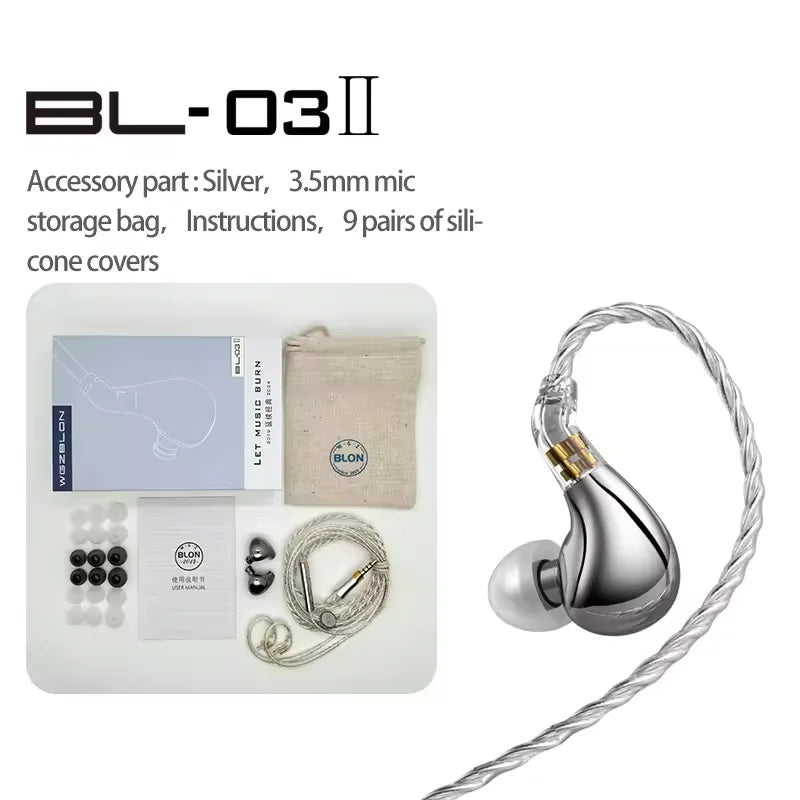 BLON BL03 II 10mm Dual-Chamber Dynamic Driver IEM Hifi Music Earphones with 0.78mm 2-Pin Detachable Cable Compatibility