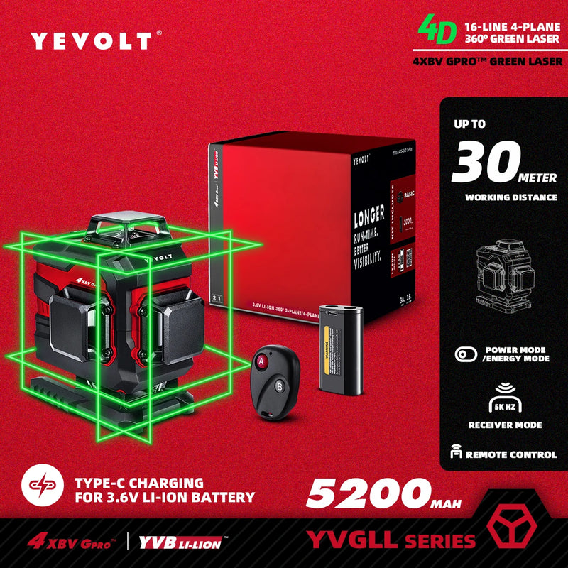 YEVOLT Laser Level Green Beam 4-Plane 16-Line Self-leveling 360 3D Ground-Hugging Horizontal & Vertical Tile Measuring Tools