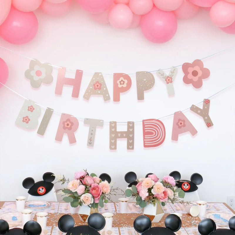 Pink Flower Banners Garland Ins Style Happy Birthday Banners Birthday Party Decoration Kids Girl Baby Shower Hanging Flag