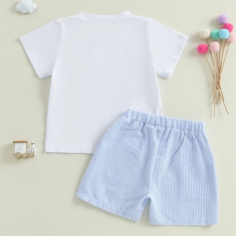 Children s Boys Easter Outfits with Bunny Rabbit Embroidery Crew Neck Short Sleeve Tops and Elastic Waist Shorts 2-Piece