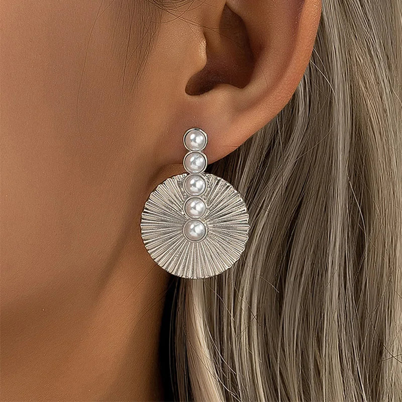 Imitation Pearl Jewelry Stud Earrings Fan Shape Trend Classic Exquisite Stainless Steel Exaggerate Women Party Gifts RG0041
