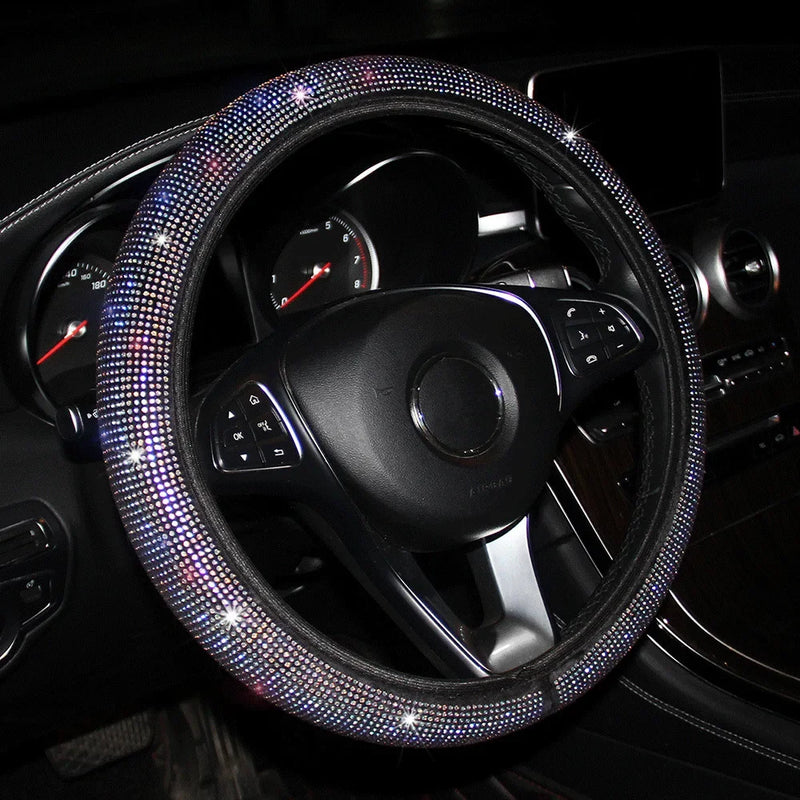 Car Rhinestones Steering Wheel Cover With Crystal Diamond Sparkling Car Suv Steering Wheel Protector Fit 14.5-15 Inch Vehicle