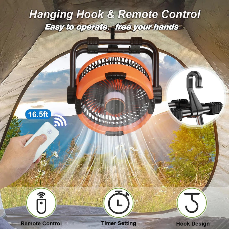 Camping Fan Rechargeable Portable Fan Wireless Outdoor Hook Ceiling Fan with 20000mAh Power Bank Remote Control LED Light