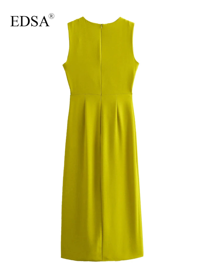 EDSA Women Elegant Mustard Sleeveless Midi Dress with Side Gathering Round Neck Back Zip Summer Dresses for Female